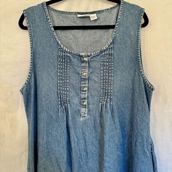 The Vermont Country Store Dress XL Denim Jean Pleat Sleeveless Chambray Buttons - Picture 2 of 12
